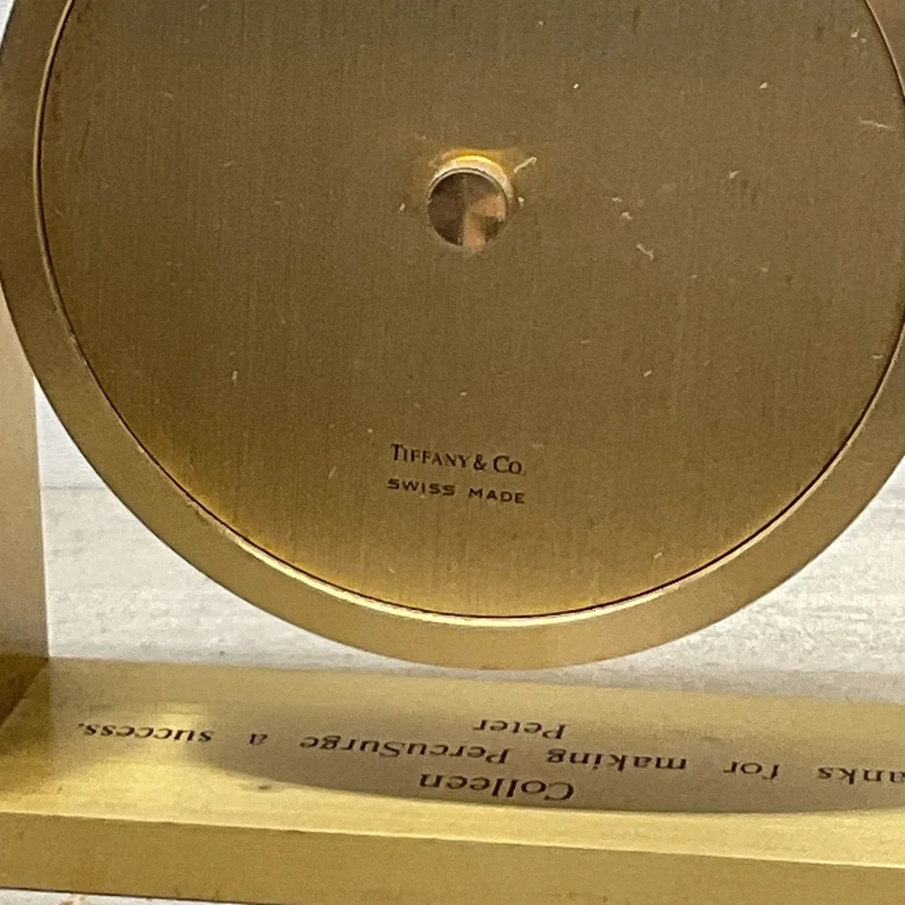Tiffany & Co Swiss Made Brass Gimbal Desk Clock Gold Tone Swivel Office Decor